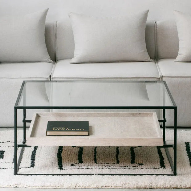 Table Basse Talia en Verre et Travertin