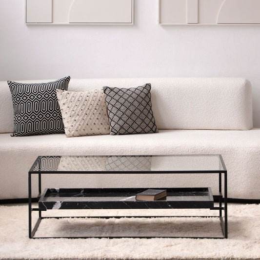 Table Basse Valeria en Verre & Marbre Noir — Design Épuré et Contrastes Élégants