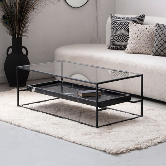 Table Basse Valeria en Verre & Marbre Noir — Design Épuré et Contrastes Élégants