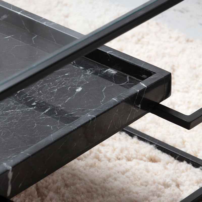 Table Basse Valeria en Verre & Marbre Noir — Design Épuré et Contrastes Élégants