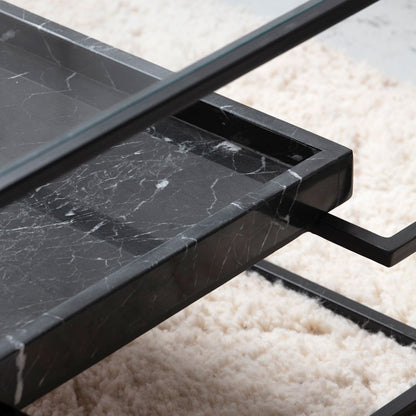 Table Basse Valeria en Verre & Marbre Noir — Design Épuré et Contrastes Élégants