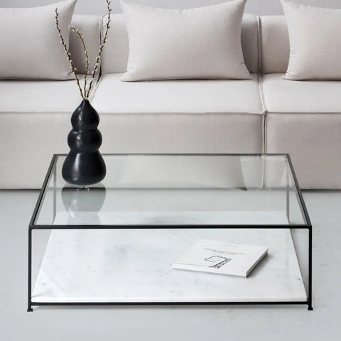 Table Basse en Verre et Marbre Blanc