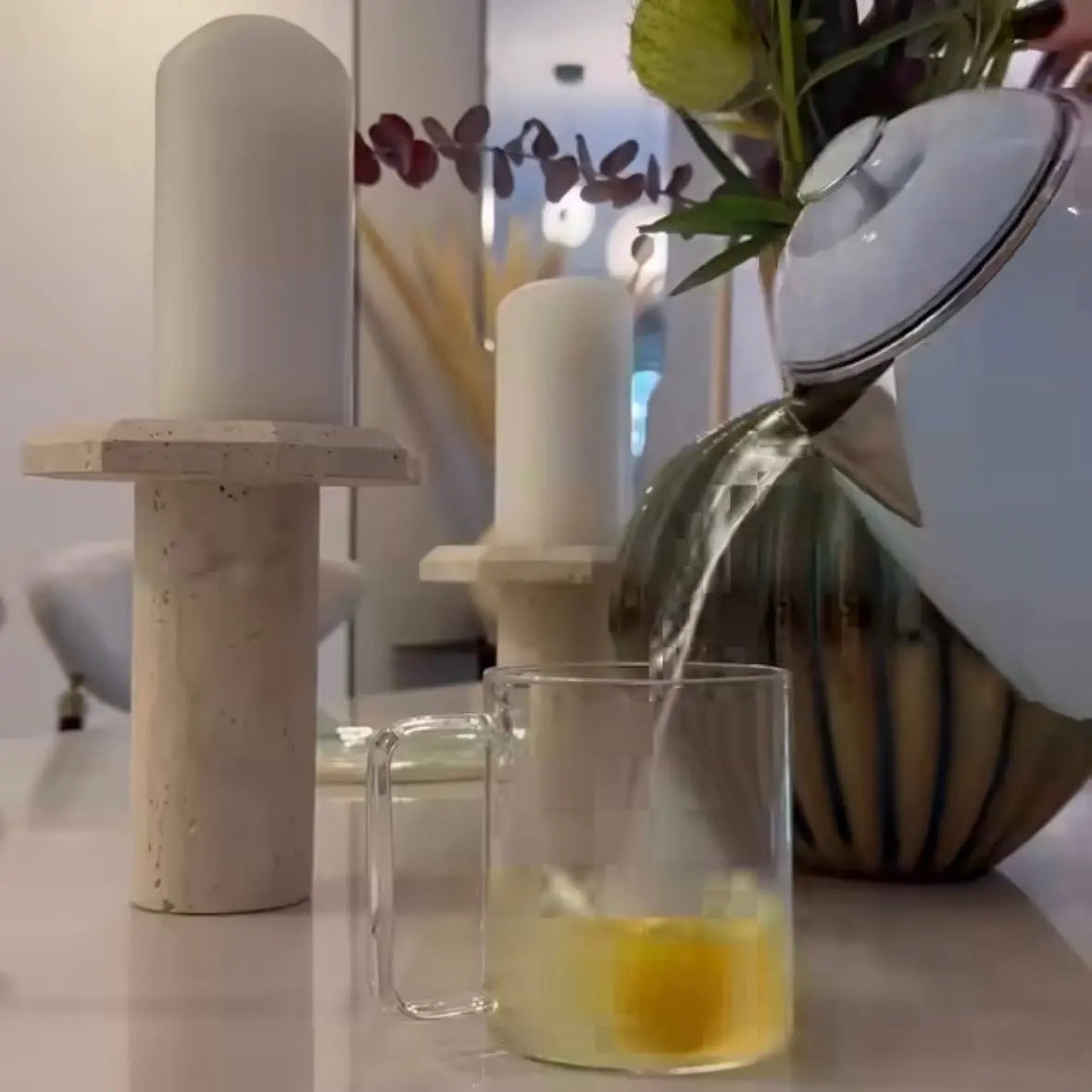 Ensemble de trois piliers pour bougies en travertin - Modernista Maroc